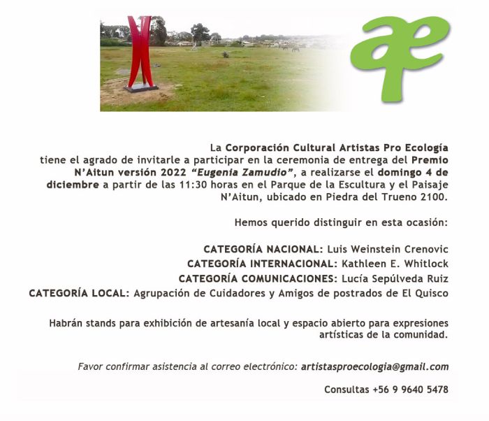 Premio N'aitun: se retoma una feliz tradición en pos de la ecología y la cultura | Naitun naitun 2022 | Litoral Poeta de Las Artes | Agrupación de cuidadores y amigos de postrados de El Quisco, Kathleen Whitlock, litoral de los poetas, Litoral Poeta, Lucía Sepúlveda Ruiz, Luis Weinstein Crenovich, Premios N'aitun, Punta de Tralca